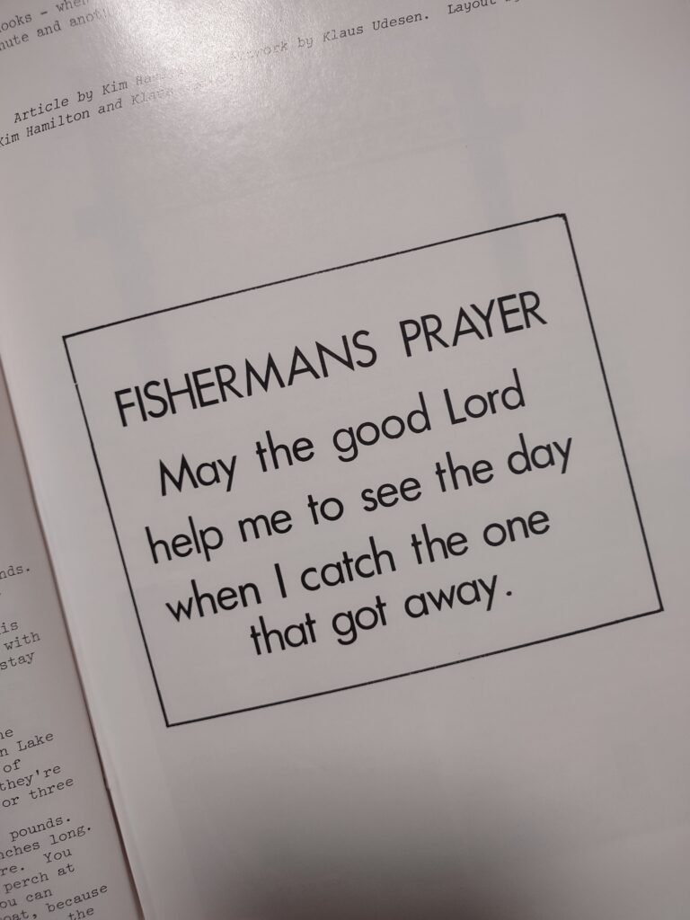Image of magazine page that reads "Fishermans Prayer. May the good Lord help me to see the day when I catch the one that got away."
